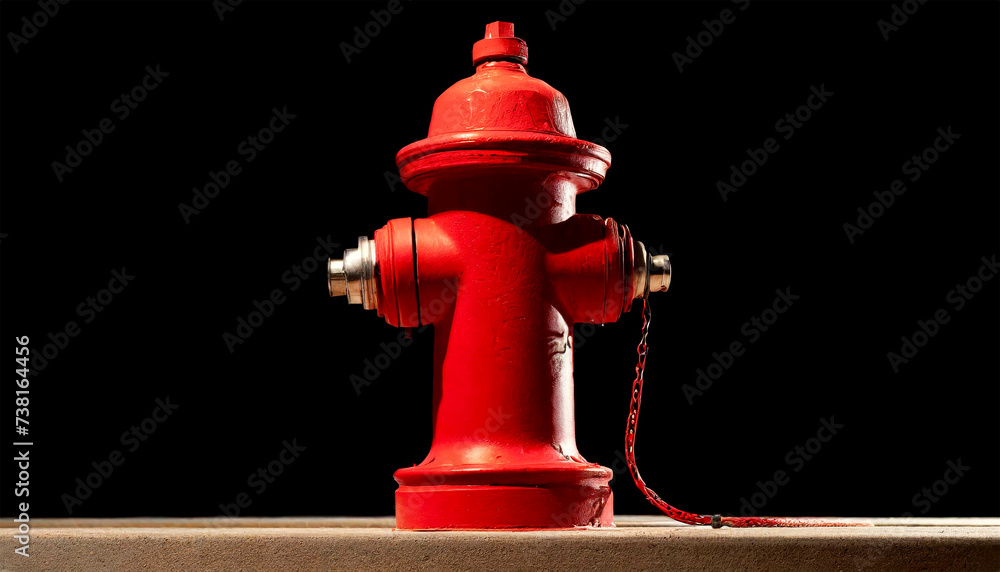 Closeup of a typical American red fire hydrant on a sidewalk and isolated on black background with copy space. Generative Ai. - obrazy, fototapety, plakaty 