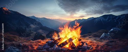 Bonfire on the background of the sky in the mountains.