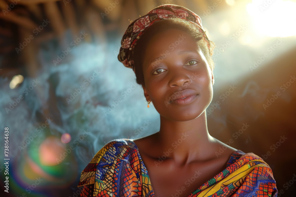 Luminous Glow: Young African Woman in Traditional Attire with Ethereal Backlight