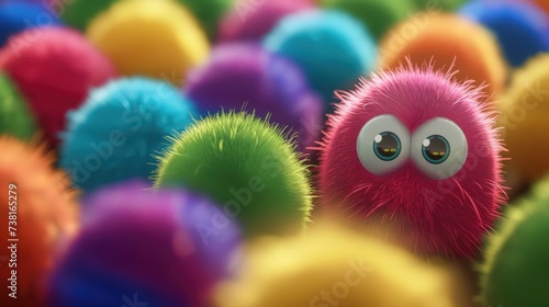 Colorful fluffy spheres with eyes