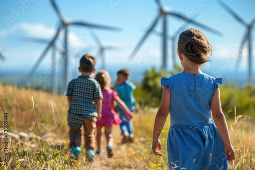 A group of children on a meadow with wind turbines