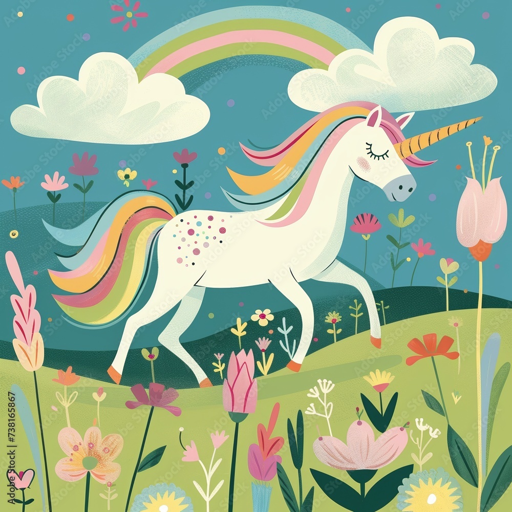Fototapeta premium A unicorn prancing in a field with rainbow colored flowers