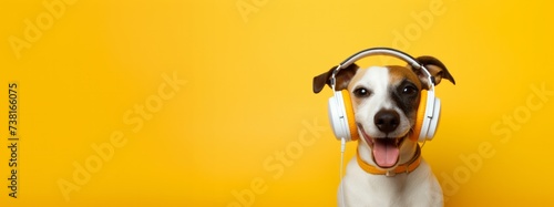Cute dog wearing big headphones listens to music, sound therapy concept for animals, banner with copyspace	
