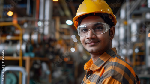 Young Industrial Engineer with Digital Tablet in Factory. A focused young industrial engineer using a digital tablet with factory machinery in the soft-focused background.