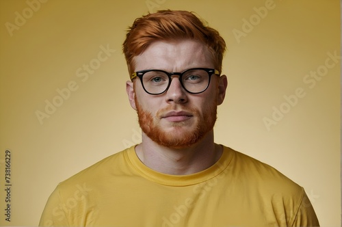 Attractive ginger man wearing yellow tshirt and glasses. Isolated on yellow background © Meeza