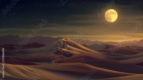 Desert sand dunes at night with full moon,, Moon ground with sunset desert.Pro Photo