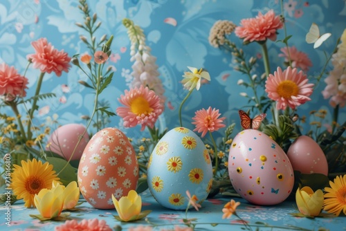 easter eggs and spring flowers against blue wallpaper. Generative AI
