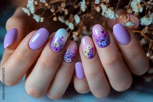 Women's hands with a fashionable very peri manicure against the background of dried flowers. Spring-summer nail design. generative ai.