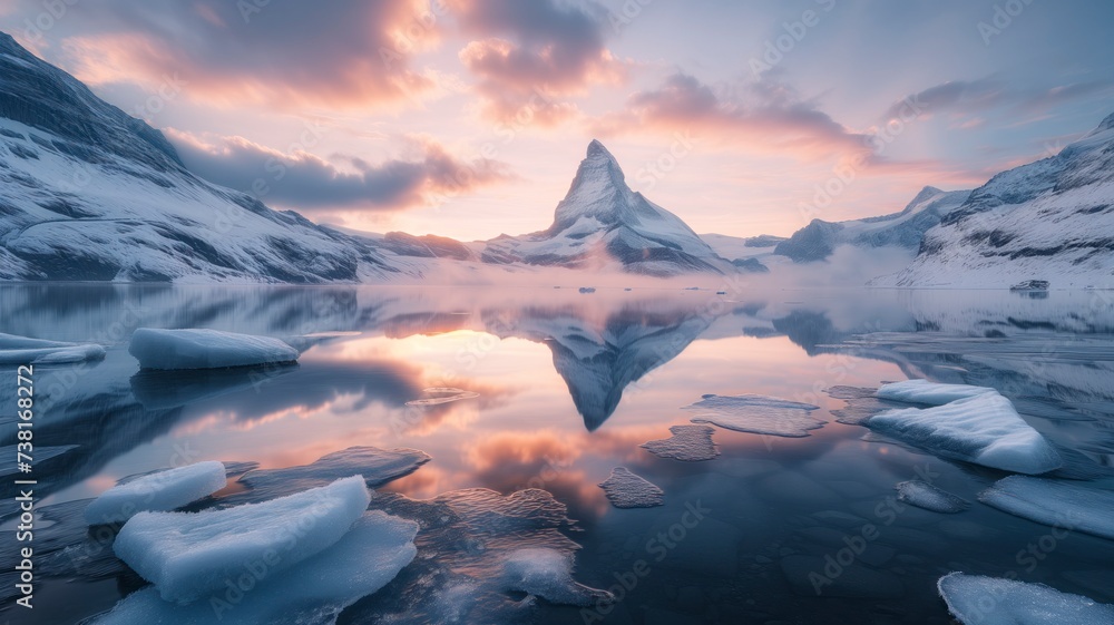 The tranquil arctic sea reflects the fiery sunset, as icebergs and mountains stand tall in the frozen landscape of this glacial lake