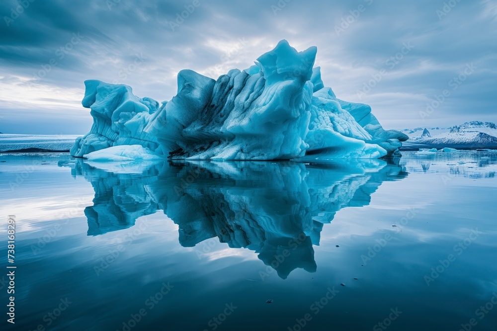 Obraz premium A majestic iceberg stands tall in the arctic ocean, surrounded by clouds and melting under the warm sun, a reminder of the fragility of nature and the effects of climate change on our planet