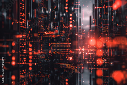 A computer generated image of a city with red lights