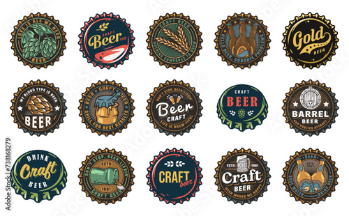 Beer Set of Retro Vintage Beer Badges and Labels for the Design of Brewed in a Craft Brewery. Collection of Premium Quality Beer and Brewery Logos for Pubs and Bars. Beer Cap or Metal Cork