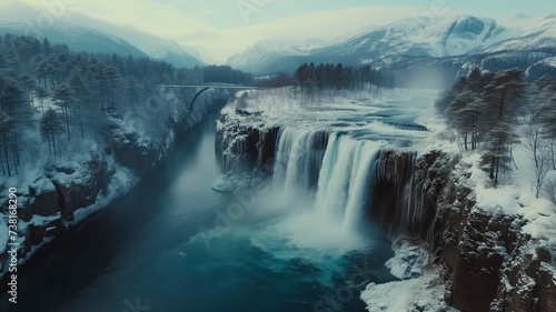 A majestic waterfall cascades down a snowy mountain  surrounded by the serene beauty of nature and the crisp winter air