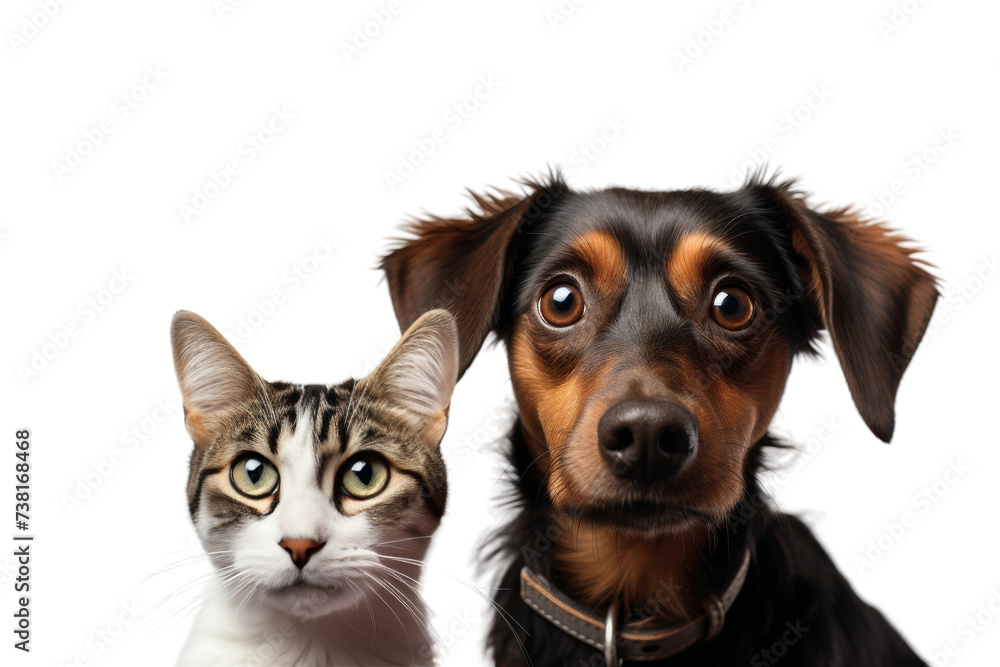 Dog and Cat Looking at the Camera. A dog and a cat sitting side by side, both looking directly at the camera with alert expressions.