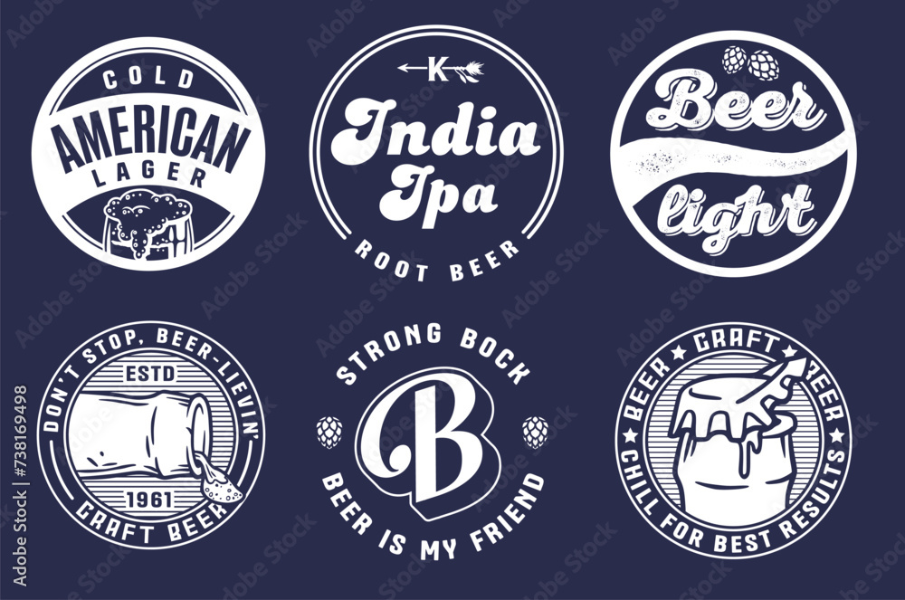 Beer Set of Retro Vintage Beer Badges and Labels for the Design of Brewed Beer in a Craft Brewery. Collection of Premium Quality Beer and Brewery Logos for Pubs and Bars