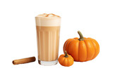 A Glass of Coffee Next to Cinnamon and Pumpkin. A glass filled with freshly brewed coffee sits beside a cinnamon stick and a small pumpkin, creating a cozy fall atmosphere.