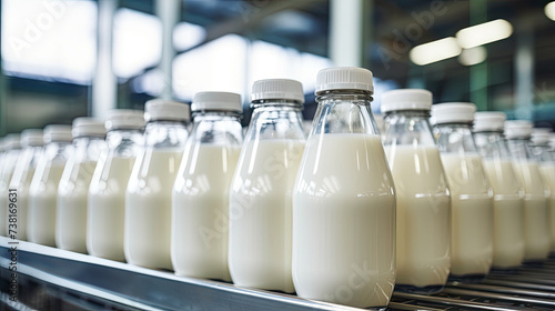 Milk in plastic bottles at factory photo