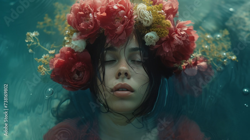 Girl with a wreath underwater. Close-up. © Vladislav