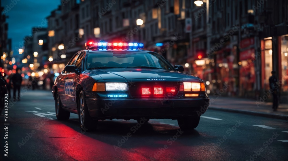 A police car. City lights on the background.