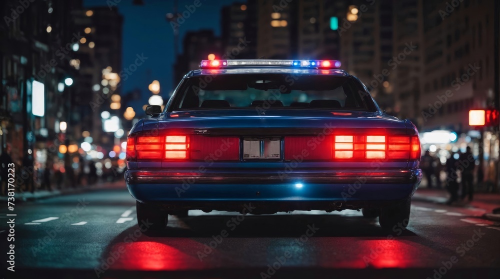 Back view of blue and red light flasher of a police car. City lights on the background.