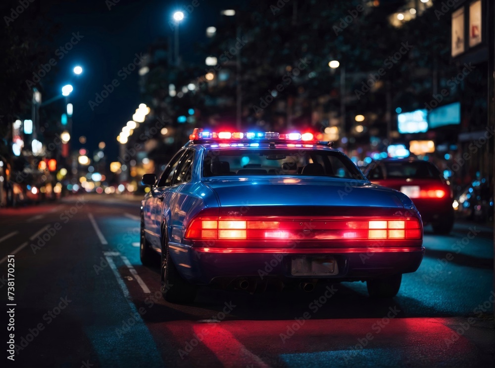 Close up of Blue and red light flasher of a police car. City lights on the background. Close up of Blue and red light flasher of a police car. City lights on the background.