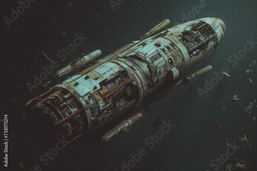 A derelict spaceship drifting in the abyss of space, full of artifacts of an alien civilization
