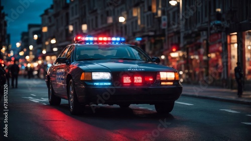 A police car. City lights on the background. © Марина Андриянова