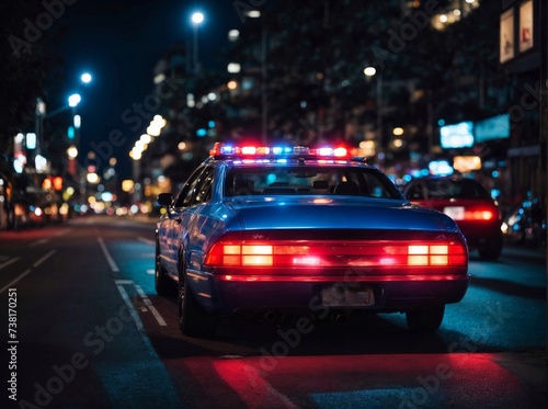 Close up of Blue and red light flasher of a police car. City lights on the background.