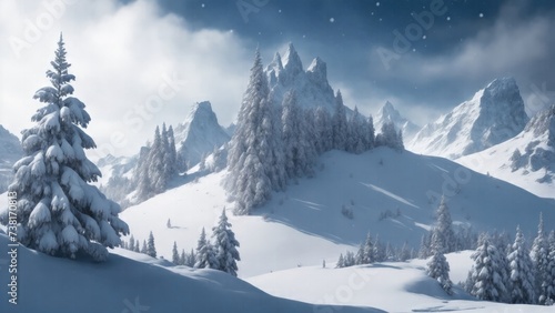 Winter snowfall in a mountainous landscape Illustration © Reazy Studio