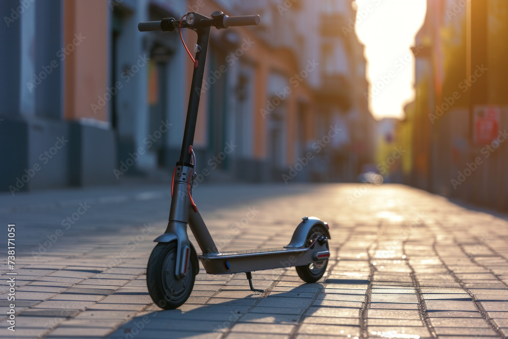 Electric Scooter Parked on a Cobblestone Street at Sunset