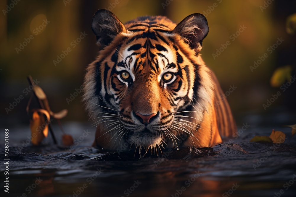 Closeup of a tiger walking slowly for hunting - obrazy, fototapety, plakaty 