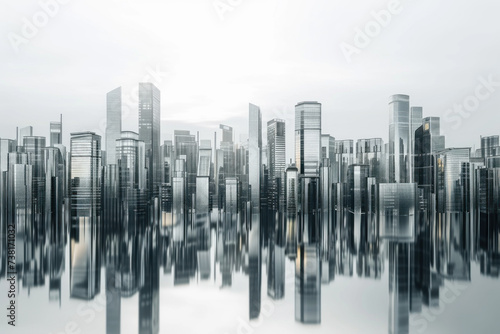 Abstract Monochrome Cityscape with Reflective Skyscrapers in a Mirrored Surface