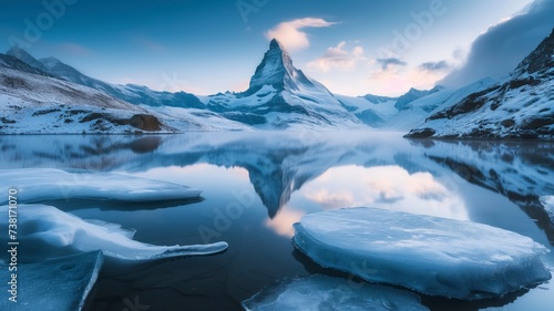 Serene and majestic, a frozen lake nestled between towering mountains reflects the arctic sky above, while the glacial ice cap slowly melts, a reminder of the ever-changing beauty of nature