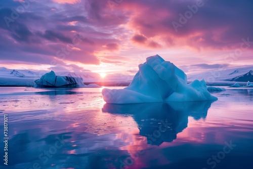 A breathtaking landscape, as the fiery sun sets over the arctic ocean, casting a golden glow on the glacial lake and reflecting off the massive icebergs, creating a serene and surreal scene