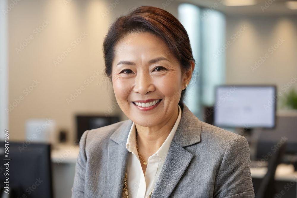Close up portrait of confident senior smiling Asian woman looking at the camera, elder elegant Asian manager standing in modern office environment with blurred background Close up portrait of confident senior smiling Asian woman looking at the camera, elder elegant Asian manager standing in modern office environment with blurred background