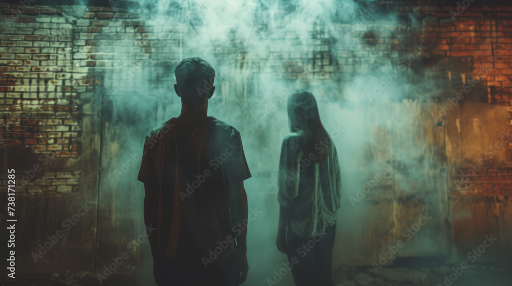 two men standing in front of a woman on a brick wall, psychological horror two men standing in front of a woman on a brick wall, psychological horror