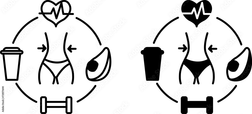 Healthy Lifestyle Icons. Black and White Vector Icons. Slim Figure and ...
