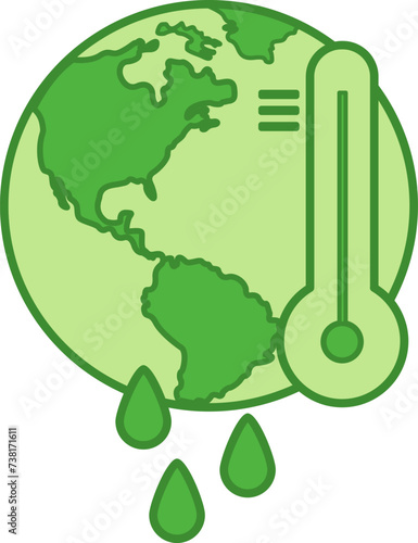 Green Global Warming Icon. Vector Icon of Planet, Rising Temperature and Melting Glaciers. Ecology and Environmental Protection Concept