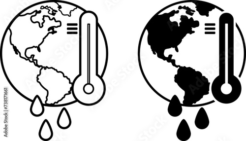 Global Warming icons. Black and White Vector Icons. Planet, Rising Temperatures and Melting Glaciers. Ecology and Environmental Protection Concept