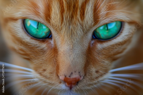 Close-up of a ginger cat with bright green eyes