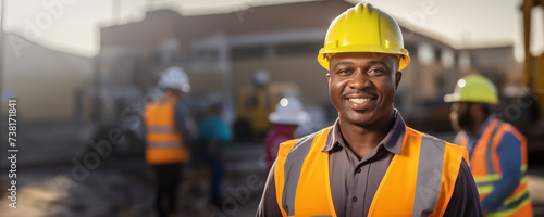 African American construction engineer at work with safety helmet and vest background banner © JoelMasson