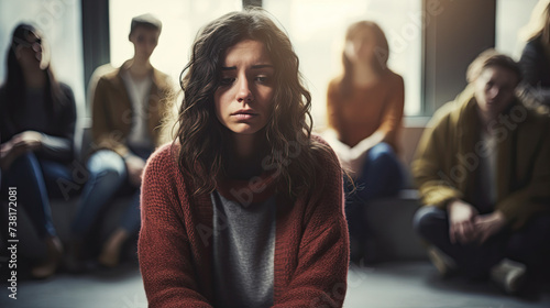 Sad depressed Woman at support group meeting for mental health and addiction issues
