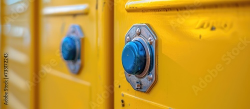 Locked yellow school locker with stainless combination lock, blue knob.