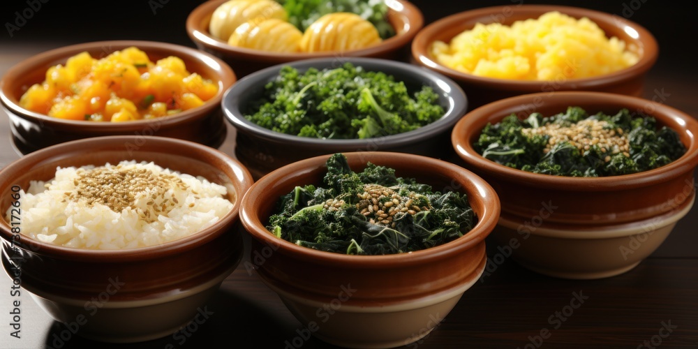 Variety of cooked side dishes in terracotta bowls on a reflective surface