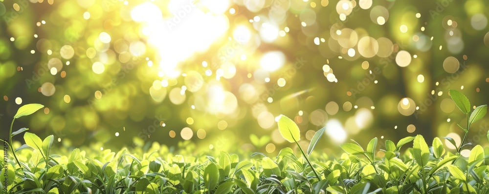 Lush green foliage bathed in warm sunlight, creating a serene garden scene with bokeh background, perfect for spring and summer Lush green foliage bathed in warm sunlight, creating a serene garden scene with bokeh background, perfect for spring and summer