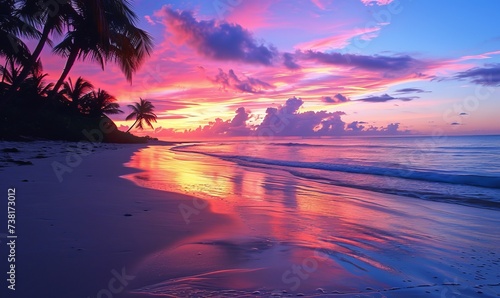 Reflective paradise  vibrant sky over tropical shores.
