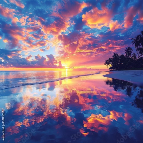 Tropical bliss  colorful sky mirrored on the beach.