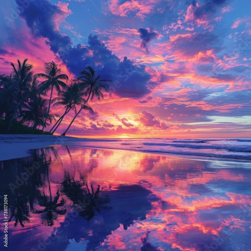 Colorful sky reflecting on a tropical beach paradise.