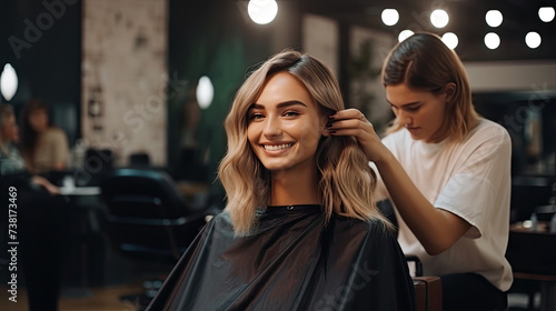 smiling hairdresser doing haircut for woman in beauty salon