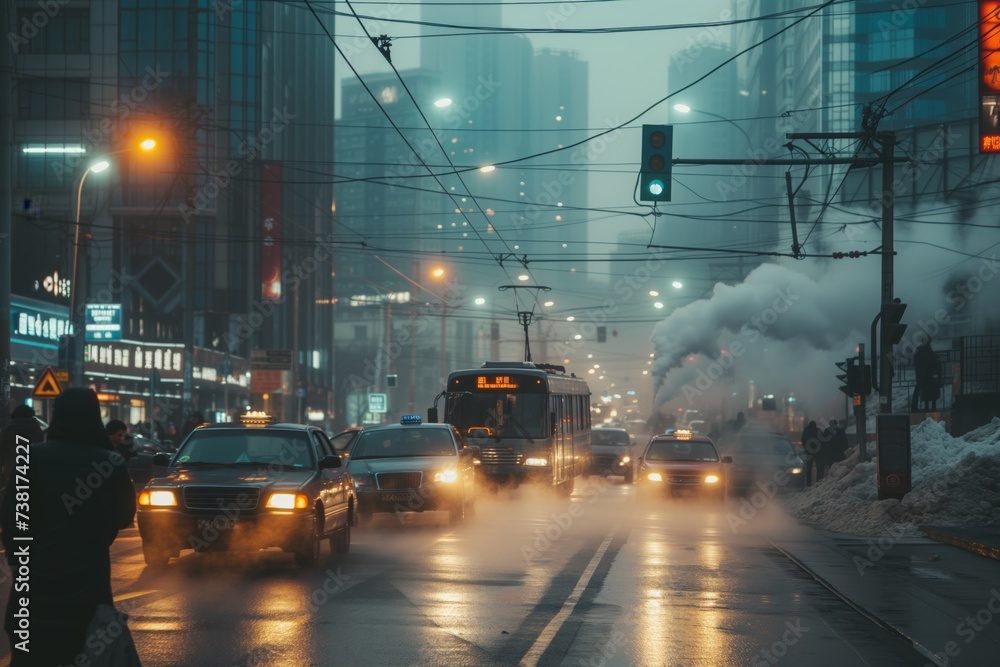 Fototapeta premium Smoggy air of a megapolis causing people to cough and gasp for breath